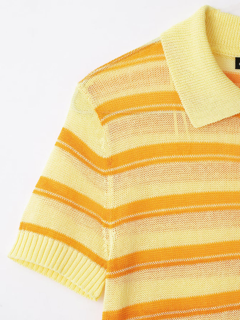 Color Block Stripe Polo Tee Short Sleeve Summer Knit N6G150