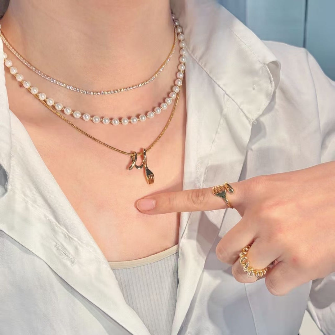 Fork Three-Layer Pearl Choker Necklace Women Elegant N6H158