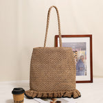 Load image into Gallery viewer, Ruffle Hem Openwork Straw Shoulder Bag with Zipper N6E055