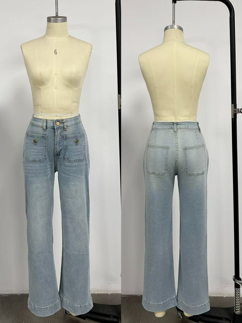 Button-Front Square Pocket Straight Leg Denim Jeans N6D165