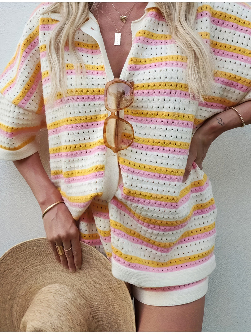 Knit Striped Lapel Short Sleeve Set Women N6D094