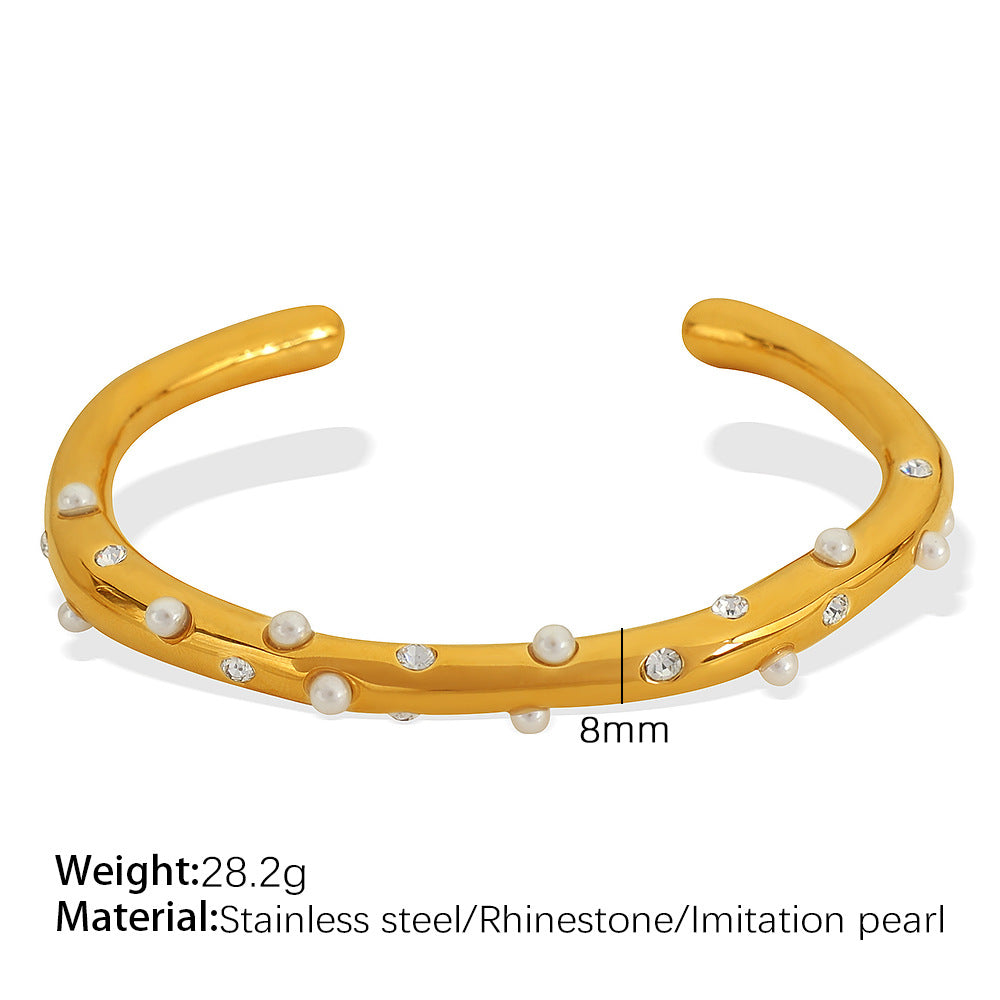 Pearl Bangle Titanium Steel 18K Plated Adjustable S5P083