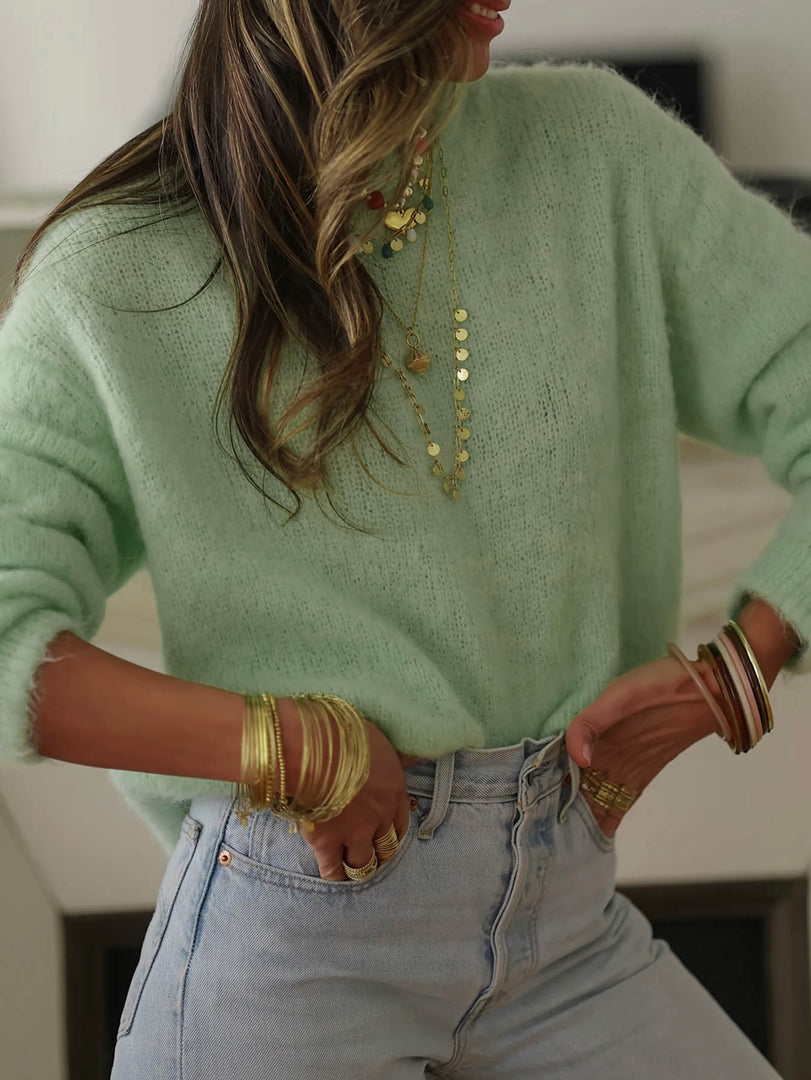 Soft Relaxed Ribbed Round Neck Knit Pullover Women N6G266