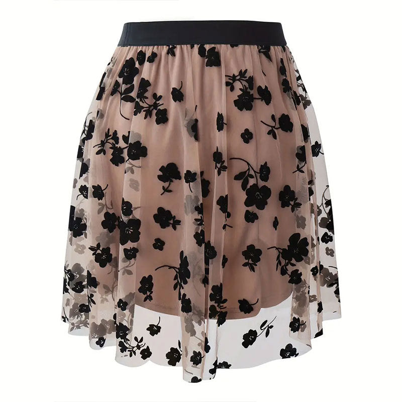 Elegant Floral Flocked Mesh A-Line Mini Skirt N6A123
