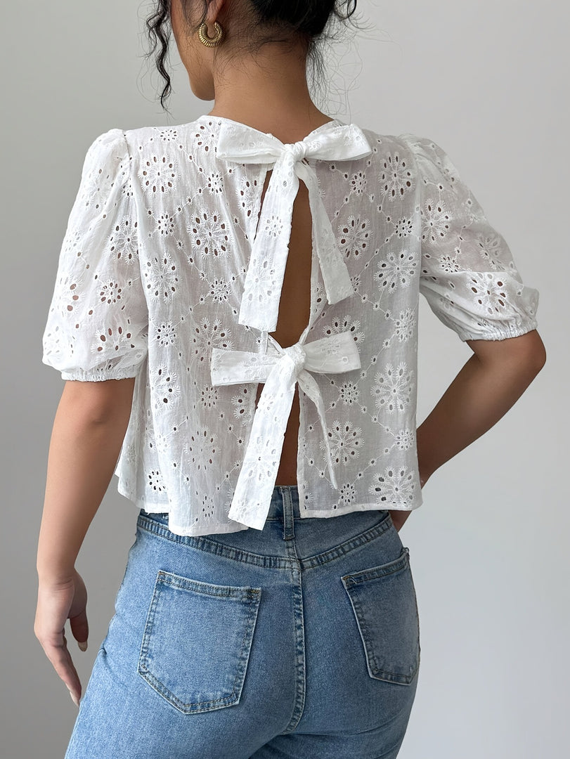 Lace Back Tie Short Sleeve Shirt Women N6D119
