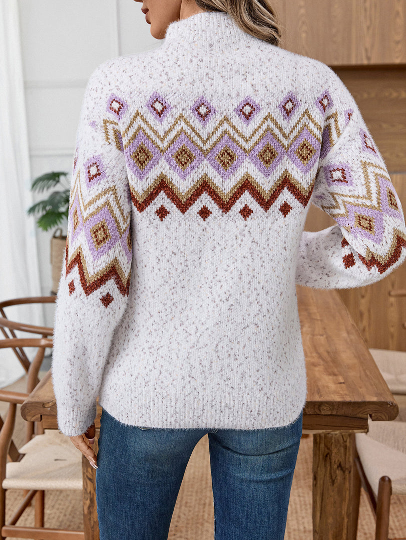 Half Turtleneck Jacquard Loose Knit Pullover Women N6G263
