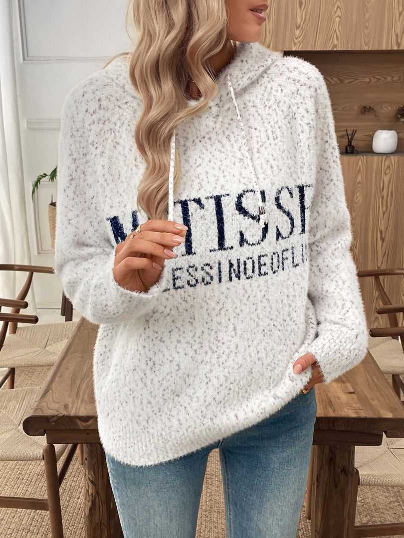 Letter Jacquard Hooded Knit Sweater Women Loose Soft N6H265