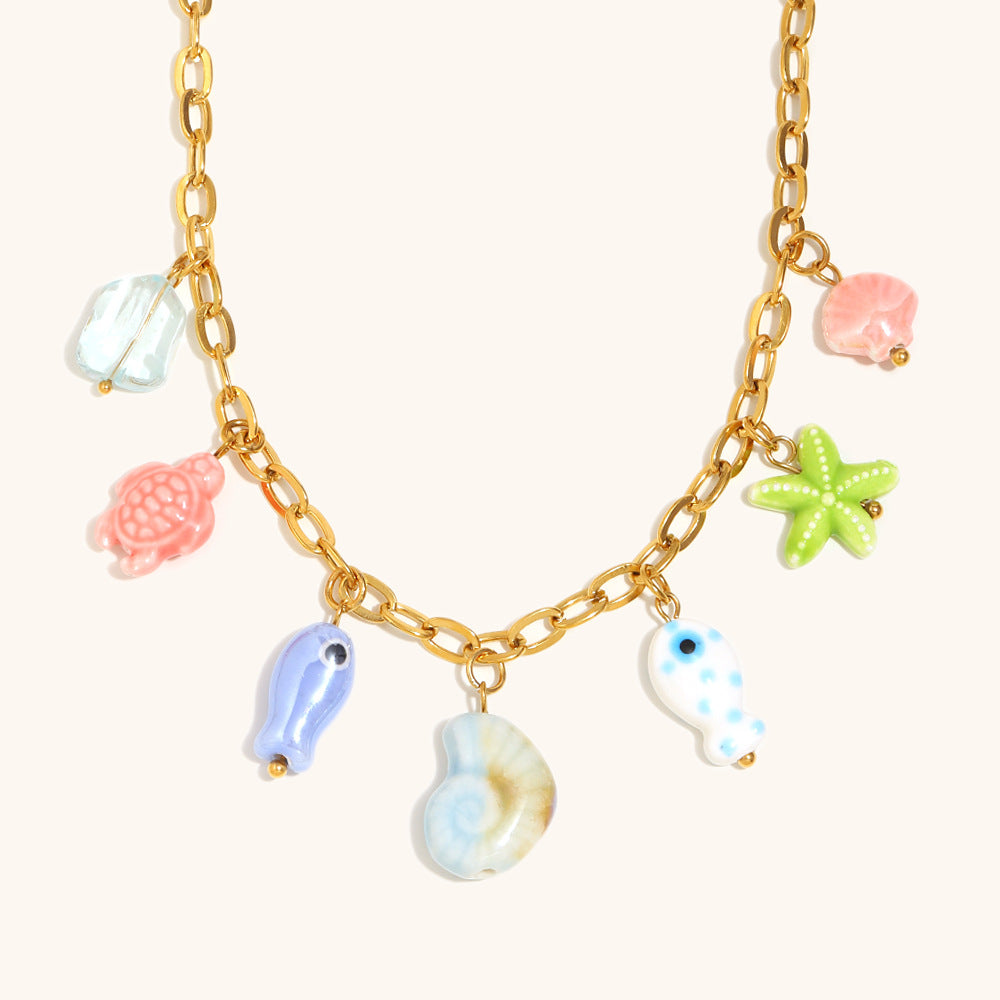 Multicolor Fish Pendant Chain Steel Gold Plated S5P213