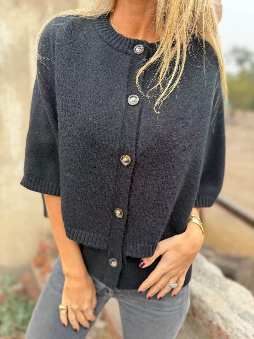 Cape Knit Cardigan Round Neck 3/4 Sleeve Ruffle Hem N6G284