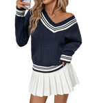 Load image into Gallery viewer, Cable V Neck Sweater Pullover Mid Weight Navy N5Z477
