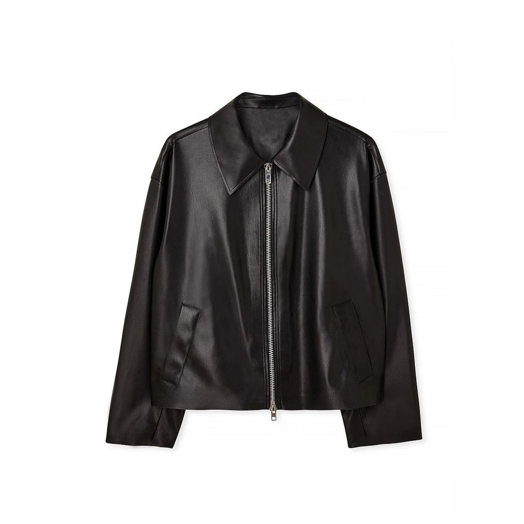 PU Zip Notch Crop Coat Dual Pocket Heavyweight Black N5Z617