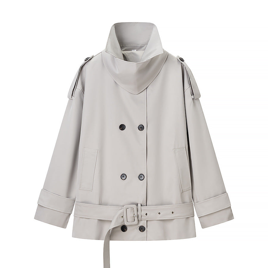 Double Breasted Stand Collar Trench Coat Women Grey  N5A679
