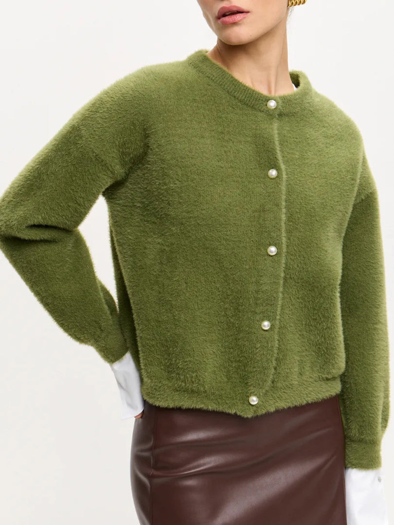 Faux Mink Pearl Button Cardigan Round Neck N6G141