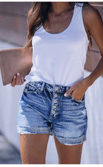 Load image into Gallery viewer, Distressed Rolled Hem Button-Fly Denim Shorts  N6C185