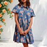 Load image into Gallery viewer, Rose Print A Line Dress Women Blue Floral N5A116
