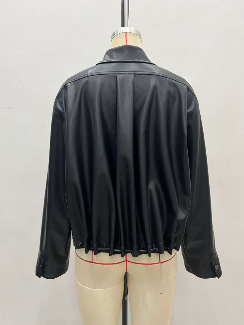 PU Leather Short Zip Jacket Women Stand Collar N6G176