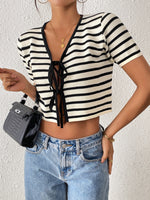 Load image into Gallery viewer, Striped Tie-Front Knit Cardigan Short Sleeve  N6G174