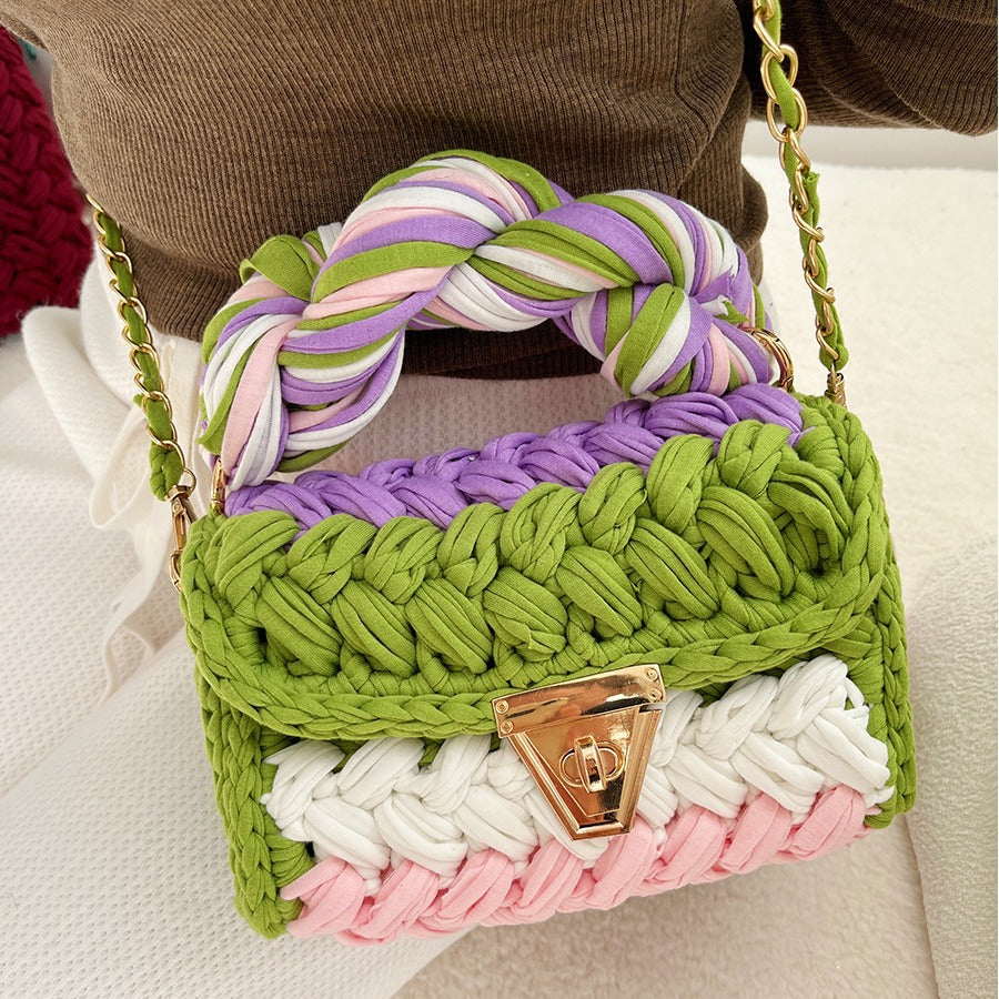 Handwoven Crochet Colorblock Shoulder Bag Tassel N6F094