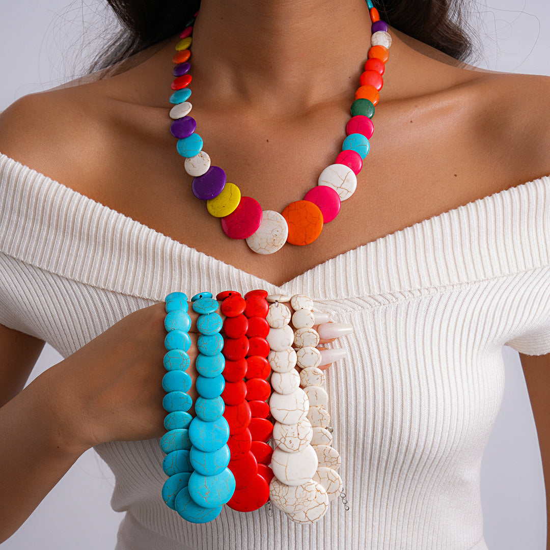 Oversized Textured Gemstone Beaded Geometric Necklace N6H066