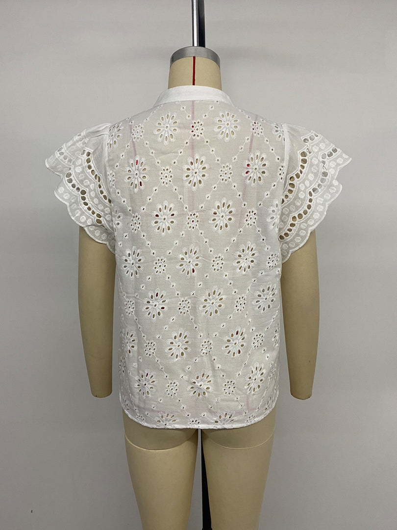 V Neck Eyelet Shirt Women Solid Color N6C105