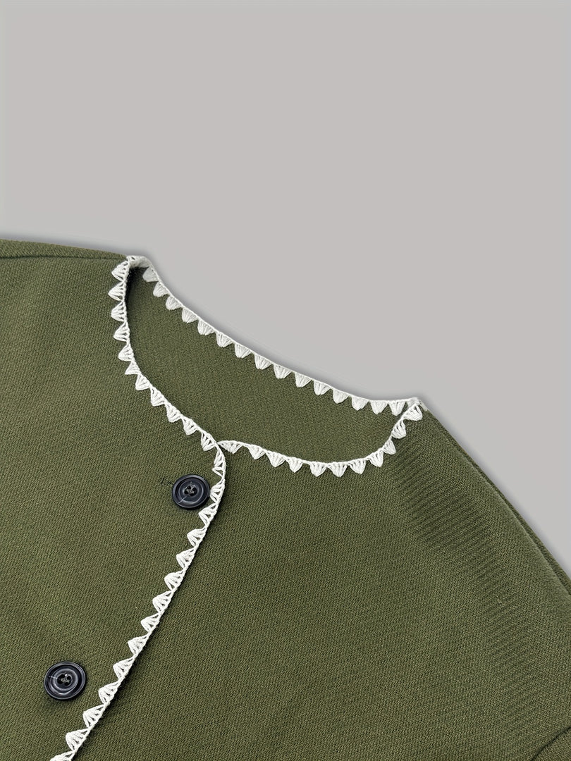 Short Contrast Trim Button Pocket Coat Women N6H042