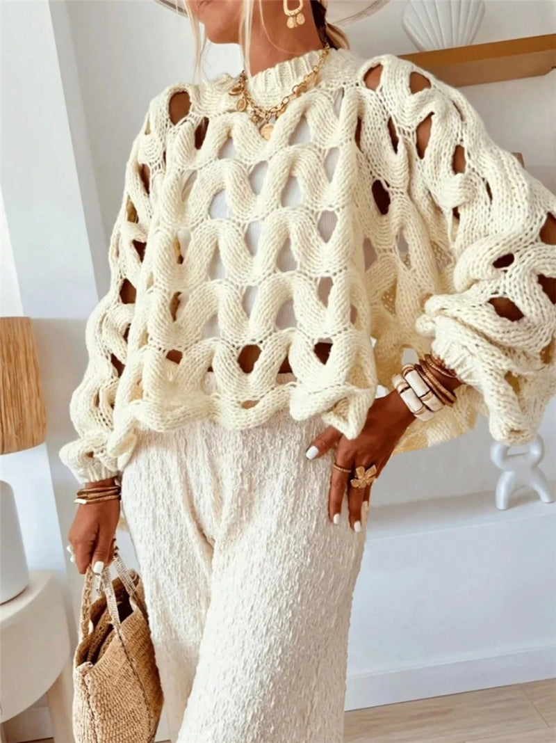 Beach Vacation Openwork Crochet Long Sleeve Sweater N6C282