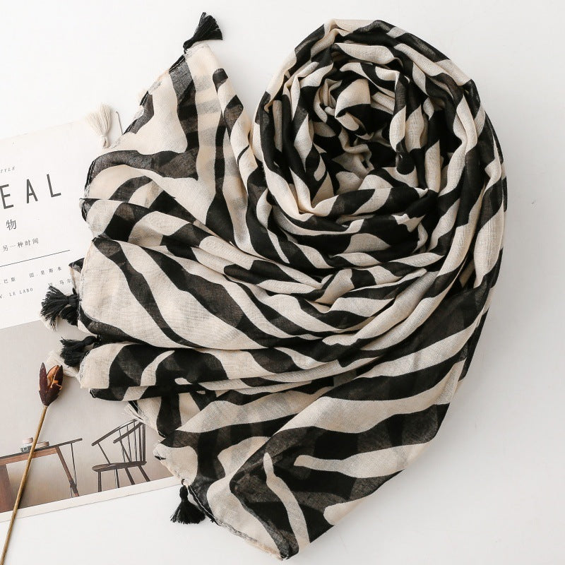 Zebra Print Fringe Scarf Shawl Women Vacation N6H254