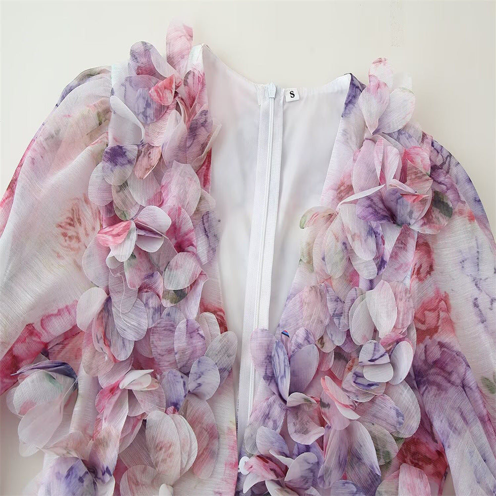 3D Floral V Neck Dress Short Sleeve Lightweight N5Z360