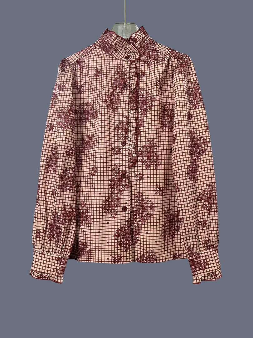 Long Sleeve Ruffle Plaid Blouse Women Brown N6A157
