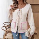 Load image into Gallery viewer, Contrast Bow V Cardigan Mid Weight Off White N5Z826
