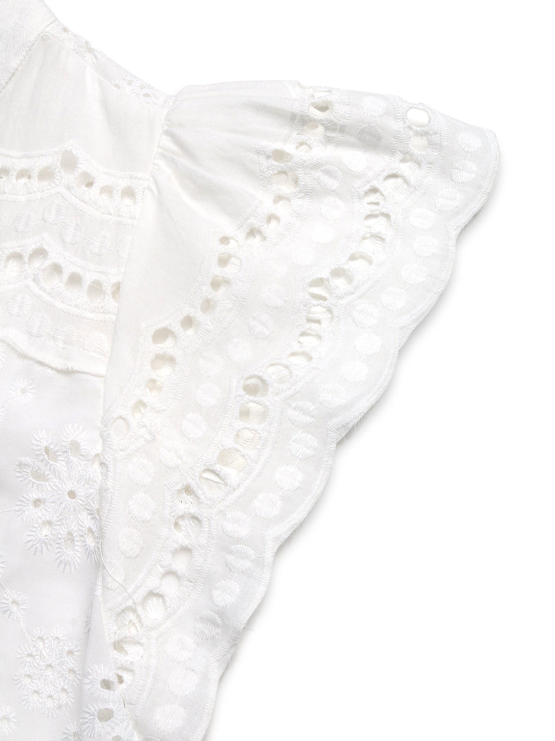 V Neck Eyelet Shirt Women Solid Color N6C105