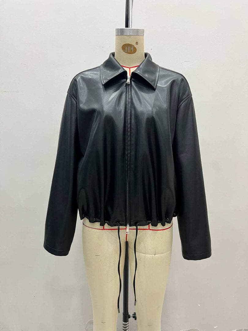 PU Leather Short Zip Jacket Women Stand Collar N6G176