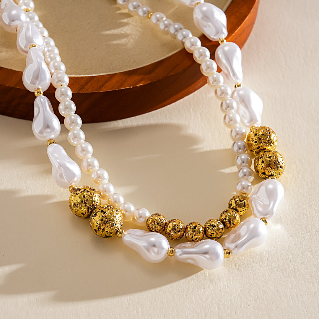 Vintage Double Layer Pearl Beaded Geometric Choker N6H147