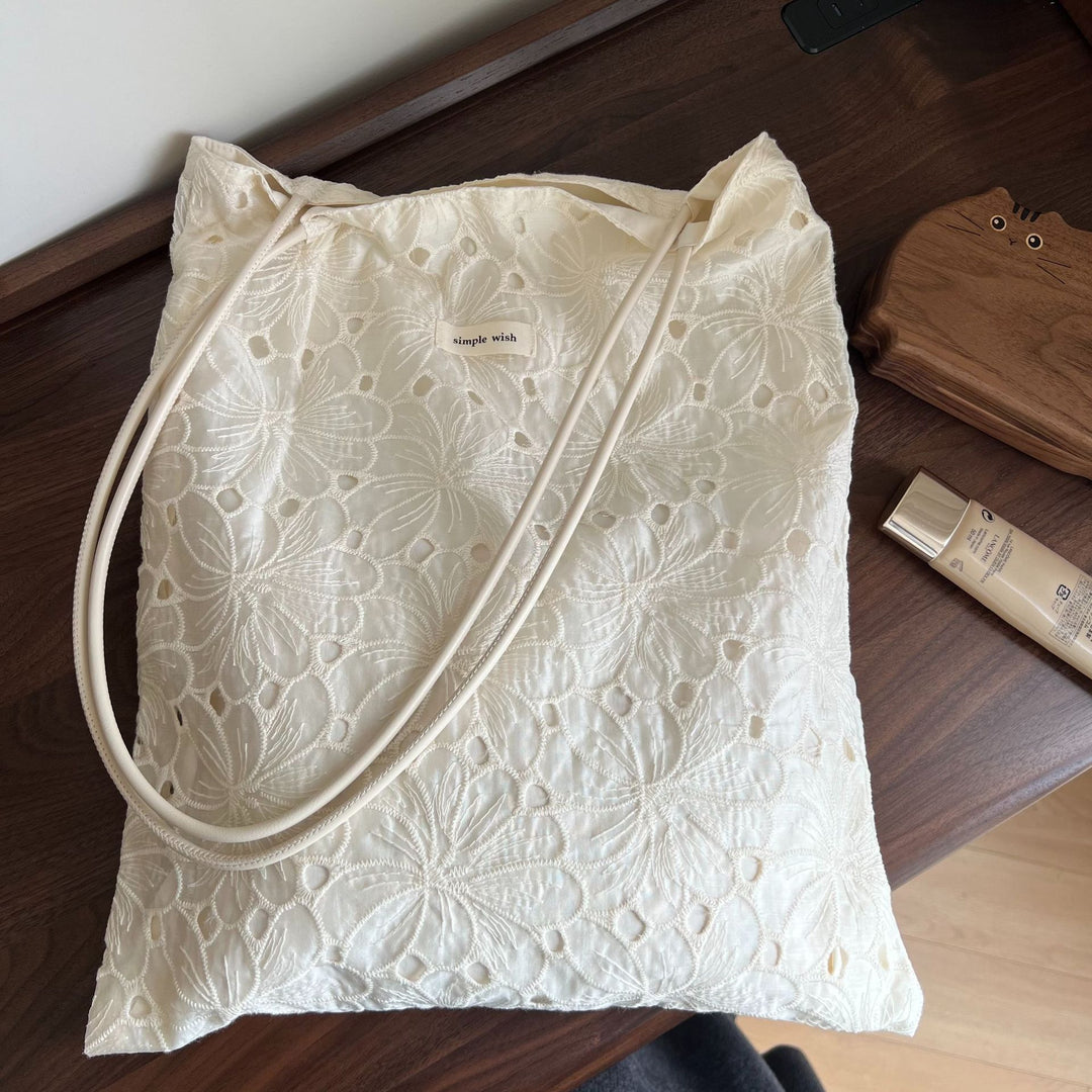 Cut-out Embroidery Fine Strap Canvas Shoulder Bag N6F181