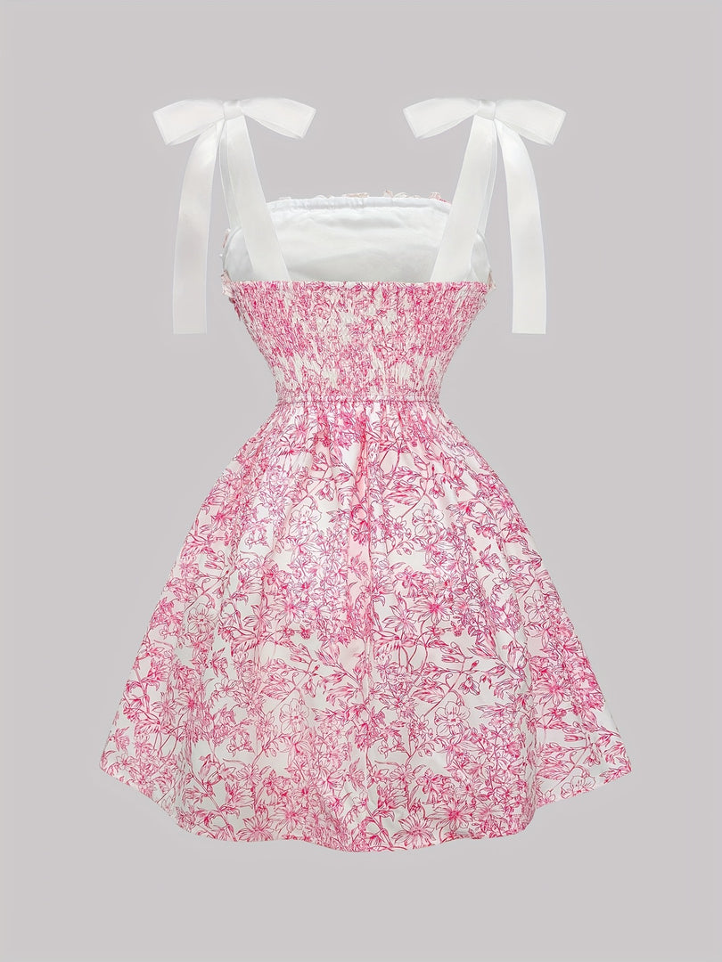 Pink Floral French Ruffle Tie Detail Maxi Dress Women N6D144