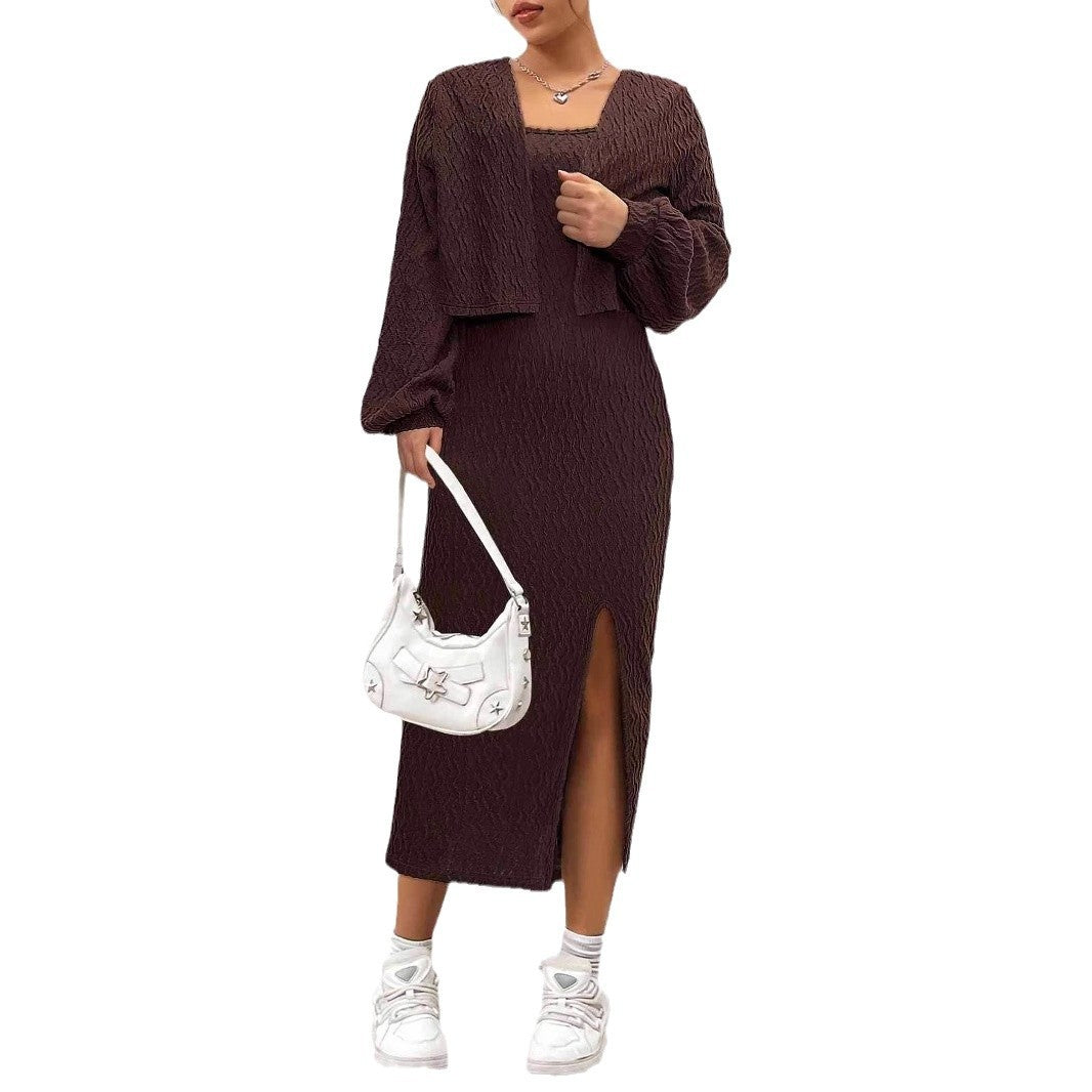 Cable Knit Slip Dress Set Women Fleece Lined Two Piece N5A082