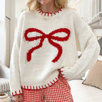 Load image into Gallery viewer, Bow Crew Sweater Mid Weight White Pink Navy N5Z876
