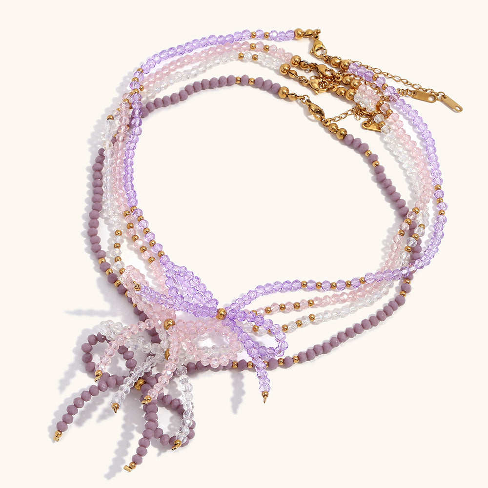 Crystal Bow Necklace Steel Gold Plated Delicate S5P231