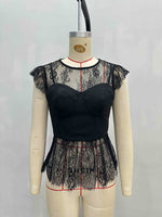 Load image into Gallery viewer, Black Lace Ruffle Cap Sleeve Sheer Crop Top N6F239