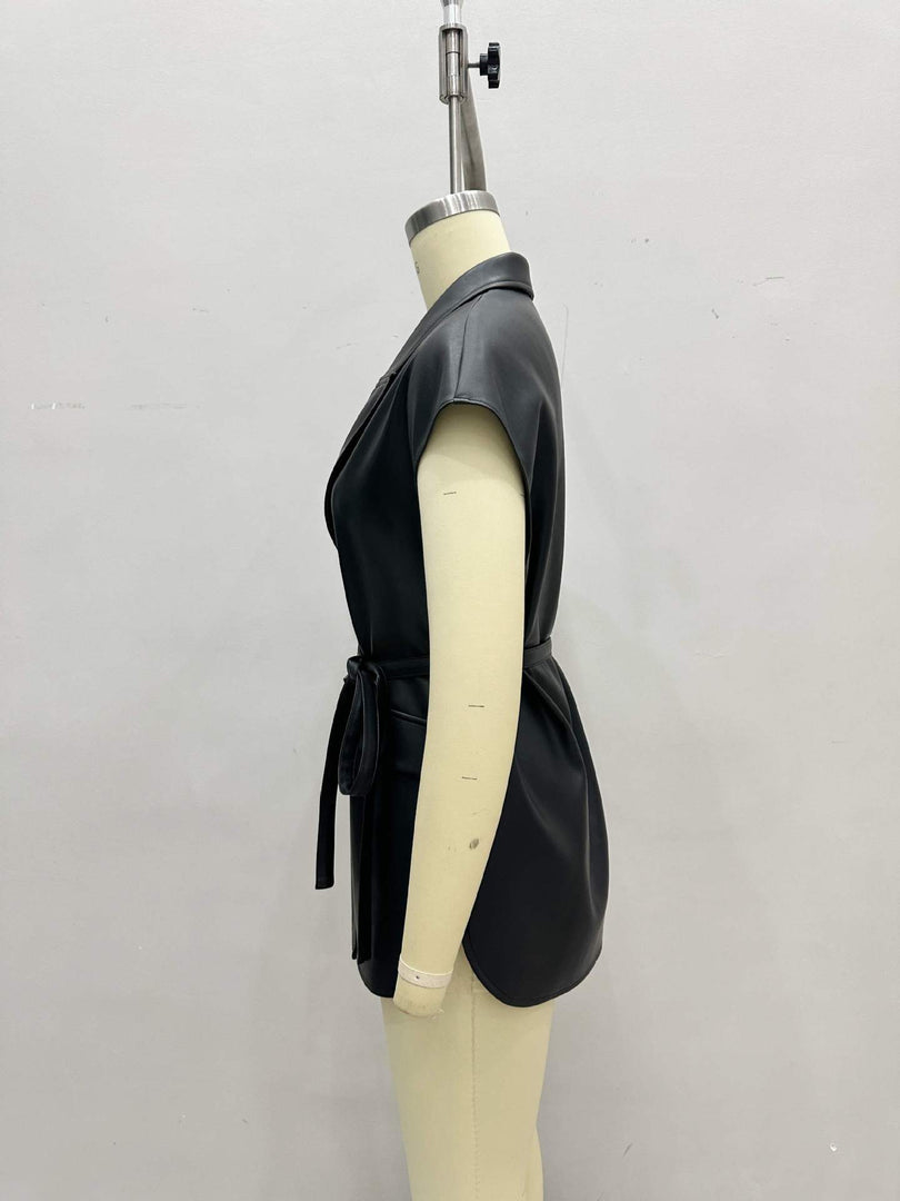Sleeveless PU Vest Notch Lapel Belted Women N6G173