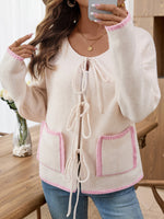 Load image into Gallery viewer, Contrast Bow V Cardigan Mid Weight Off White N5Z826
