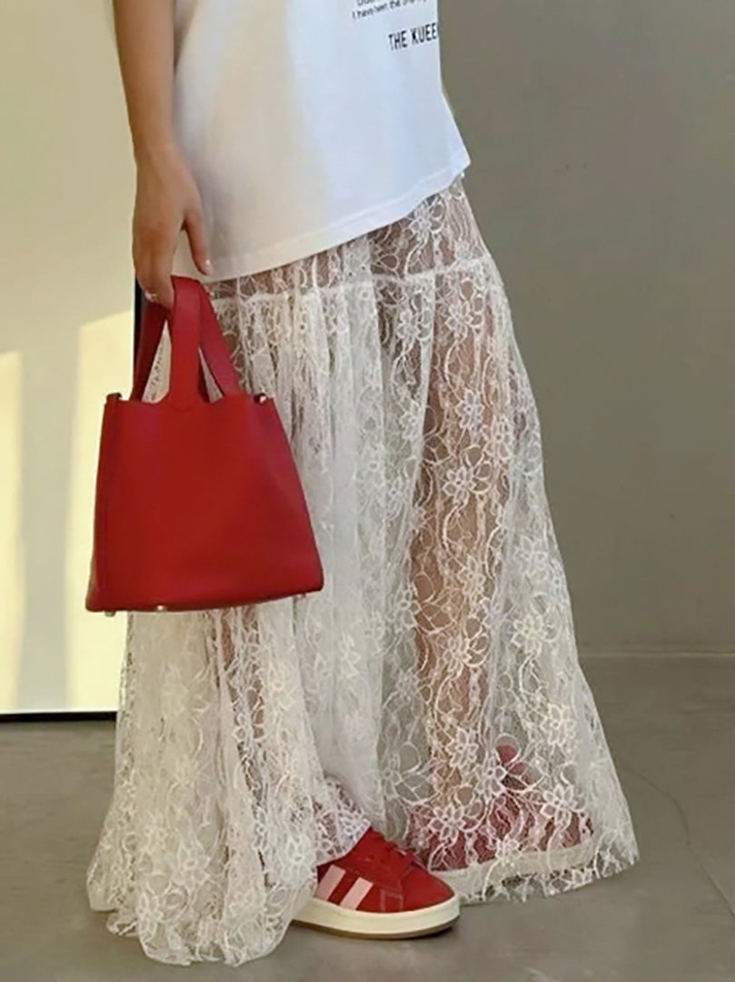 Jacquard Sheer Lace High Waist A-line Skirt Women N6D011