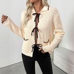 Load image into Gallery viewer, Bow Notch Cardigan Contrast Mid Weight Apricot N5Z475
