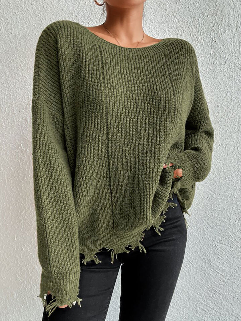 Solid Off-Shoulder Knit Pullover Distressed Edge N6G264