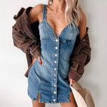 Load image into Gallery viewer, Button Front V Neck Denim Shirt Dress Blue N5Z218
