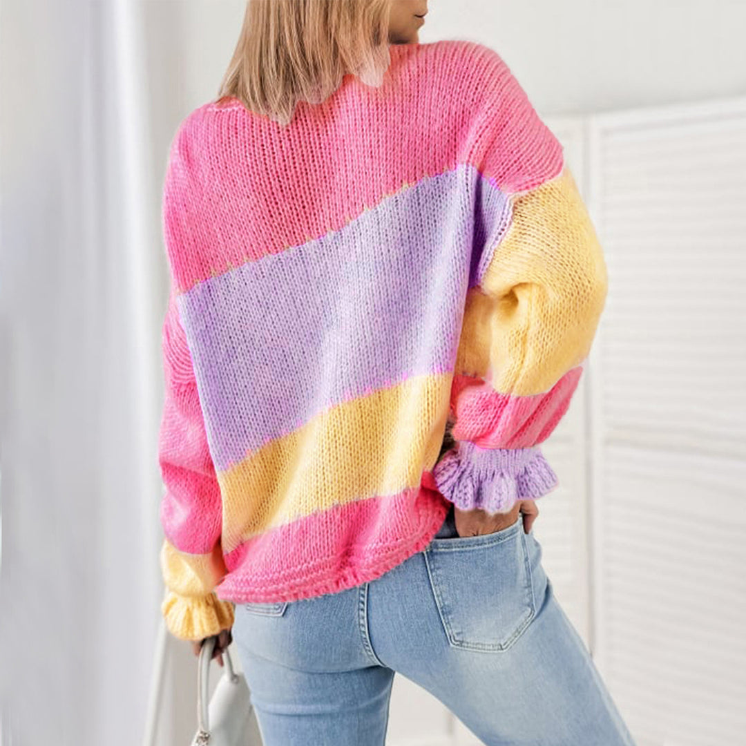 Color Block Ruffle Cardigan Long Mid Weight Yellow N5Z684