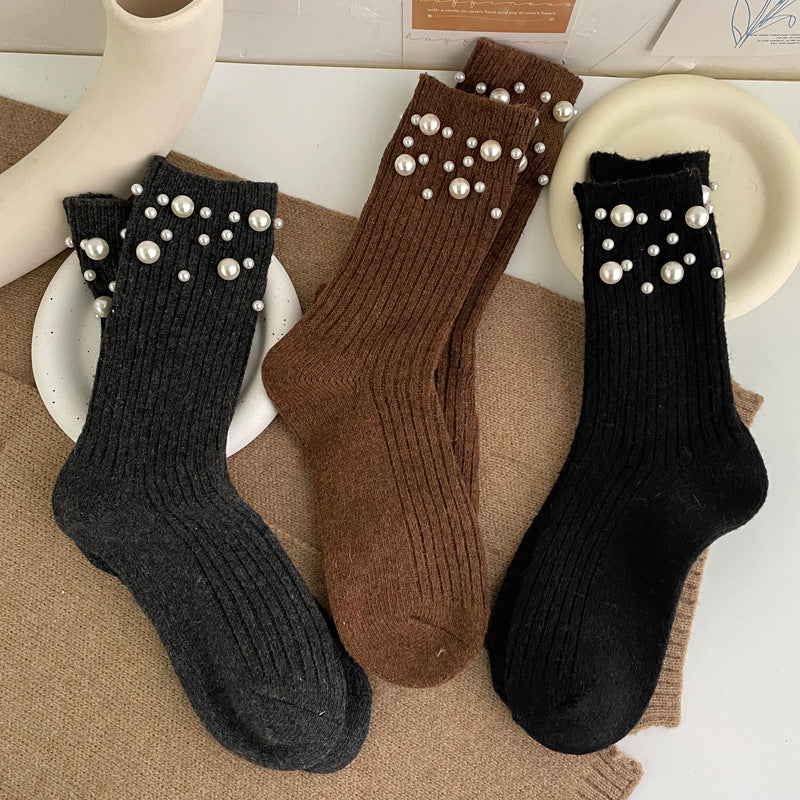 Pearl Rivet Beaded Rabbit Wool Blend Stack Socks N6H036