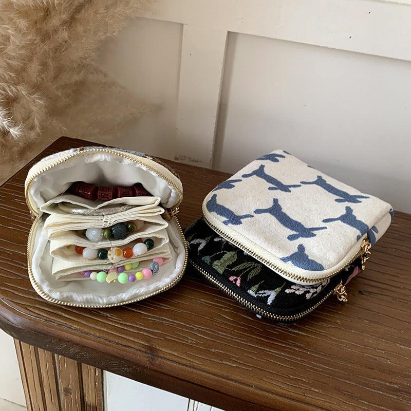 Embroidered Floral Linen Cotton Pouch Organizer S5P974