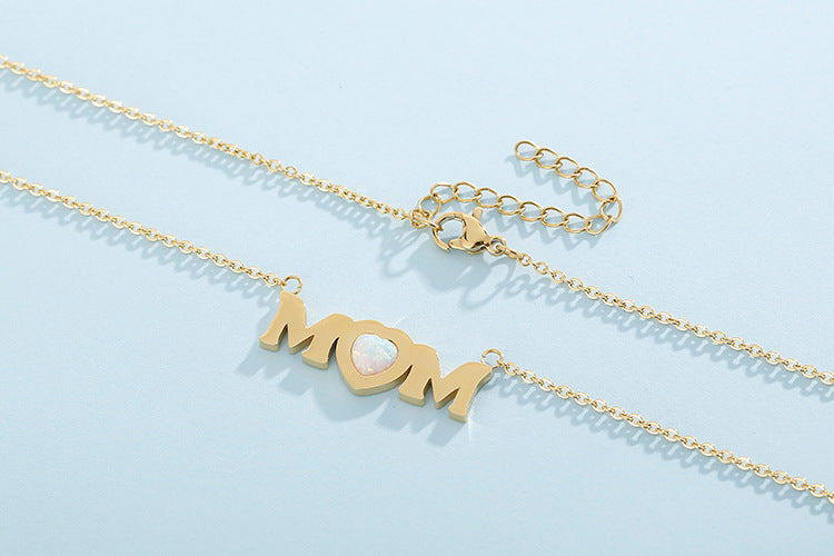 MOM Opal Heart Pendant Titanium Steel Necklace N6D538