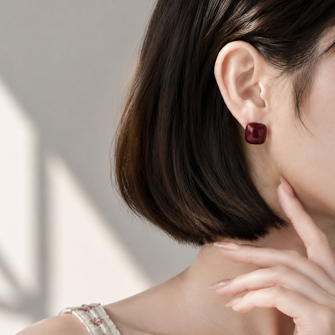 Candy Color Rounded Square Glossy Stud Earrings Women N6H104